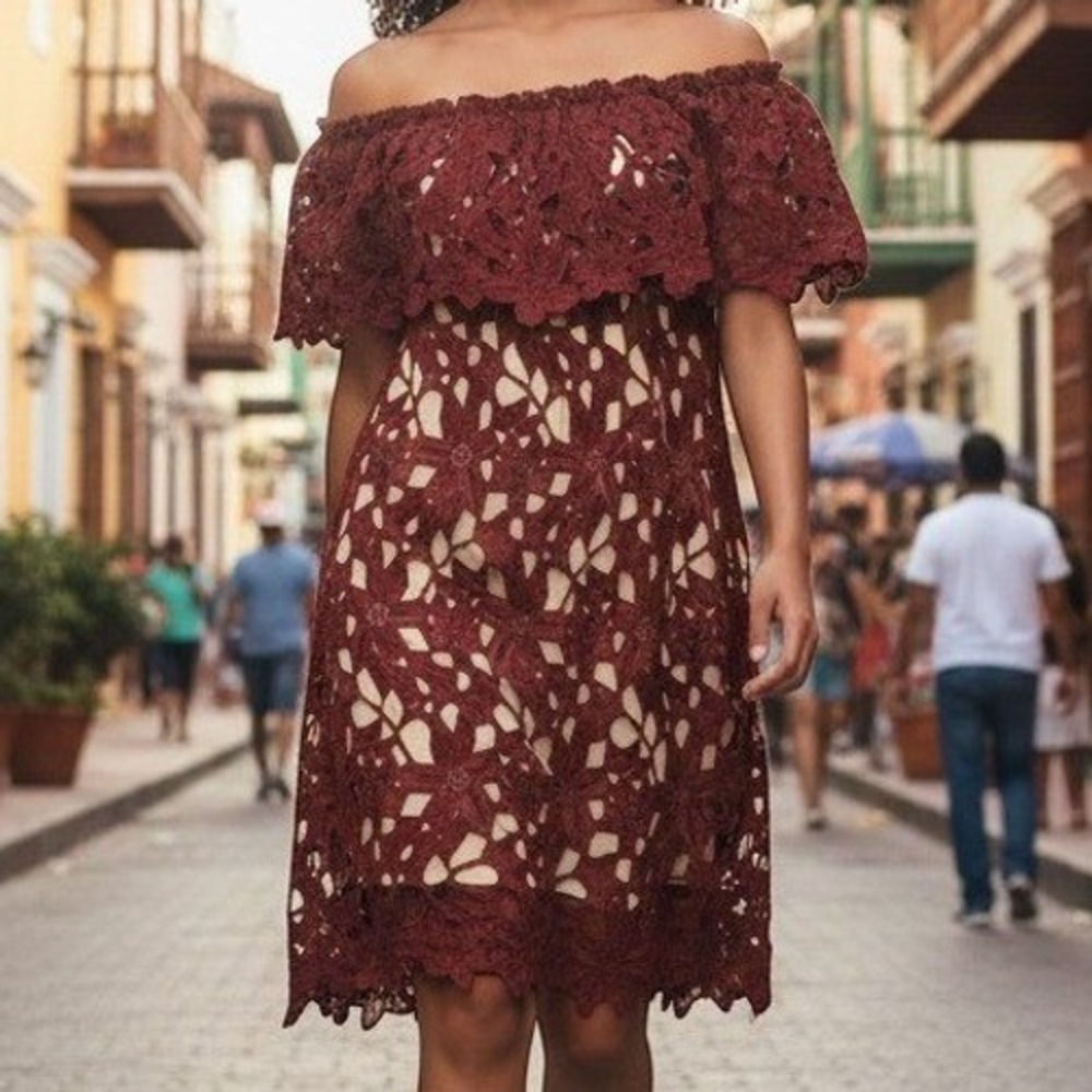 Rust Floral Guipure Lace Off The Shoulder Mini Dress Terracotta Boho Cocktail‎